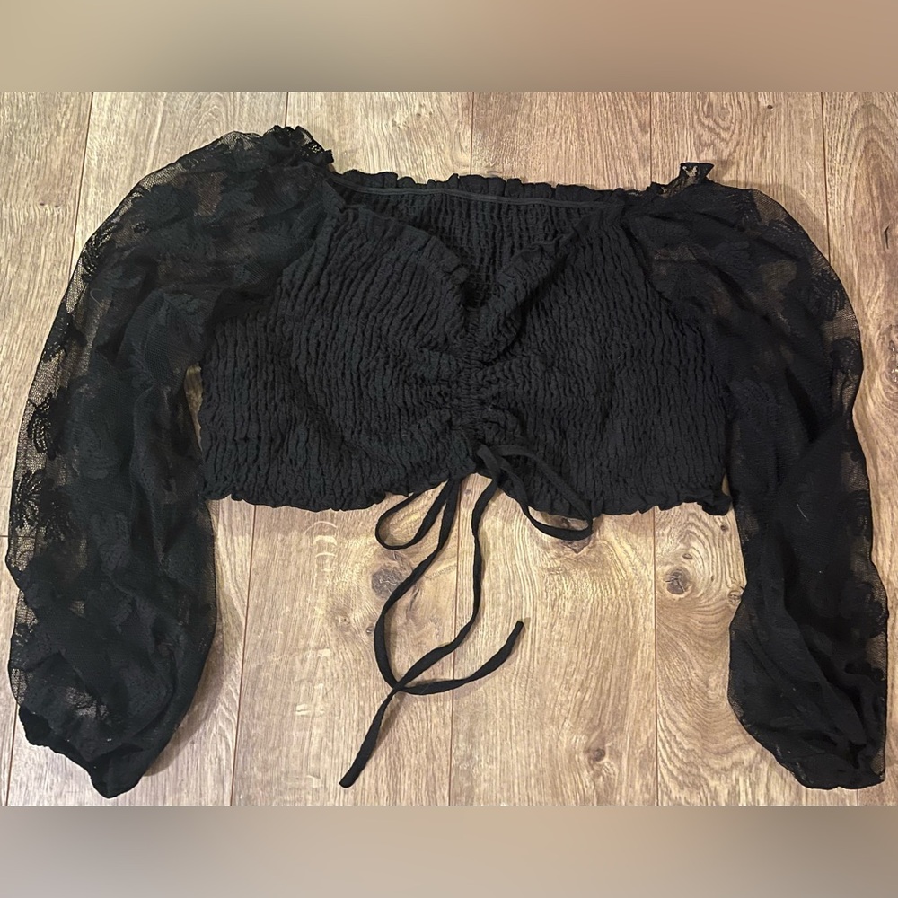 Cropped Black Top - Lace Sleeves
